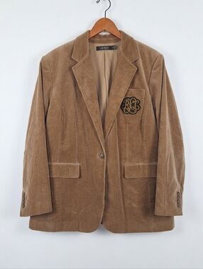 Lauren Ralph Lauren Corduroy Blazer Tan Bullion Crest Patch Sport Coat Size 18W